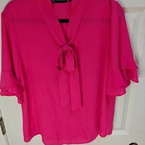 New York & Company Sheer Pink Blouse with detailed sleeves and neck tie Size L